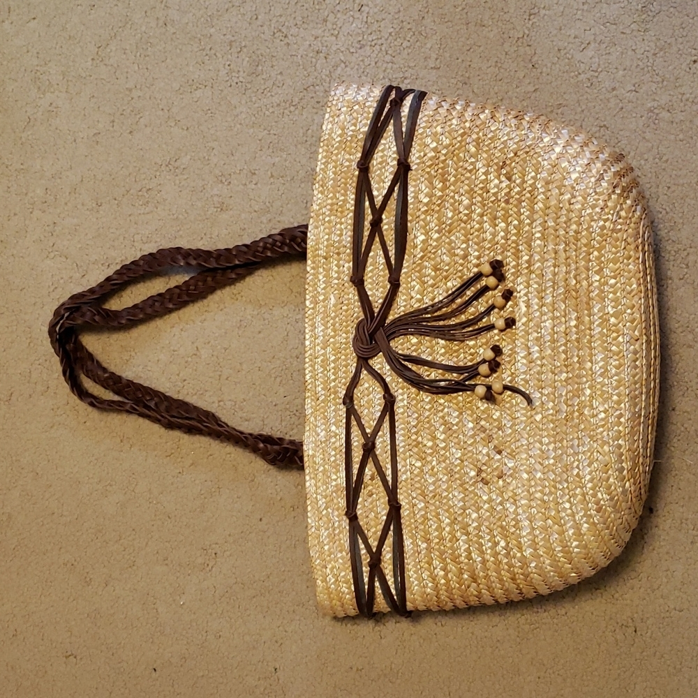 Straw Bag with Leather Braided Shoulder Straps
